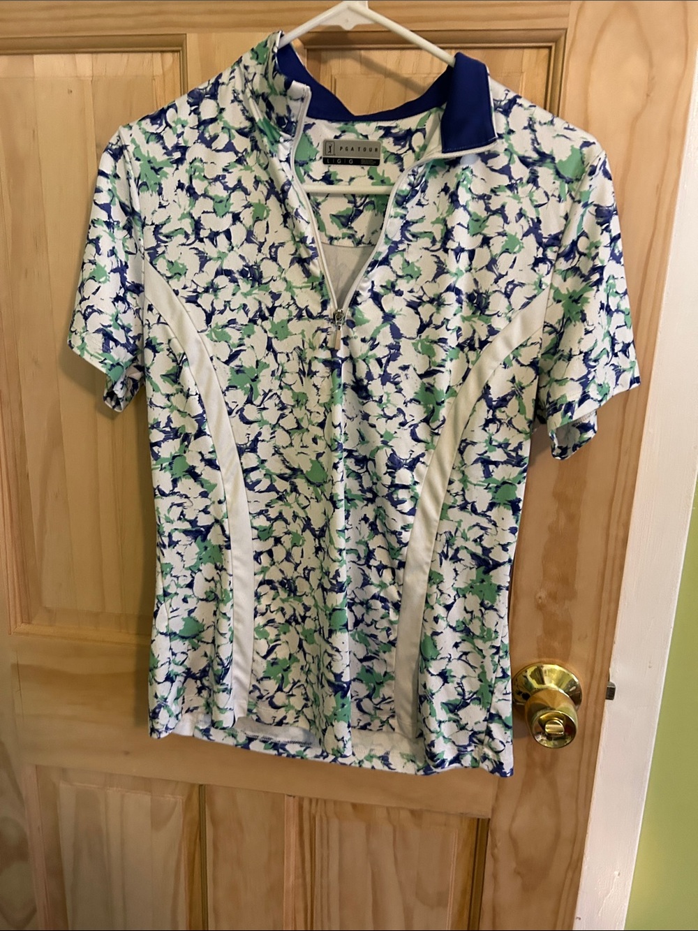 PGA Tour White Short Sleeve Zip Polo with Blue & Green Floral Print
